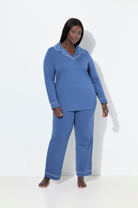 Pyjama manches longues, passepoils fantaisie, décolleté en V