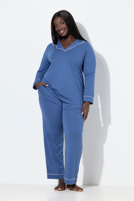Pyjama manches longues, passepoils fantaisie, décolleté en V