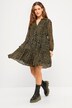 Abito mini dal taglio svasato con design leopardato, volant, collo alto e maniche lunghe