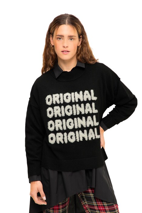 Svetr, oversize, nápis, kulatý výstřih, dlouhé rukávy
