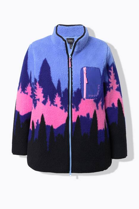 Veste en polaire motif montagne, col montant et fermeture à glissière à double sens