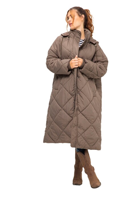 Prošívaný kabát, oversize, kapuce, dvoucestný zip, dlouhé rukávy
