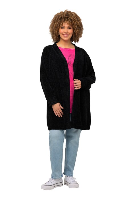 Žinylkový rozepínací svetr, oversize, výstřih do V, otevřený střih
