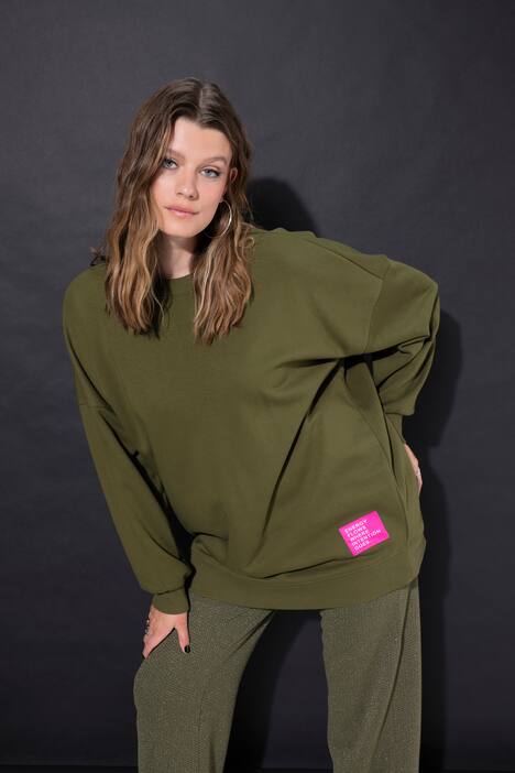 Sudadera, oversize, parche con texto, cuello redondo, manga larga