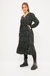 Robe midi#, imprimé zigzag, ligne en A et col V. Taille élastique, manches longues