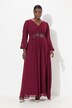 Vestido de noche, escote en V, cinturón bordado, manga larga