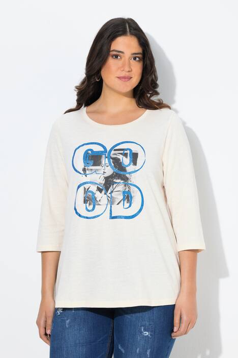 T-shirt avec imprimé photo, décolleté rond et manches 3/4, Coupe Classic Fit