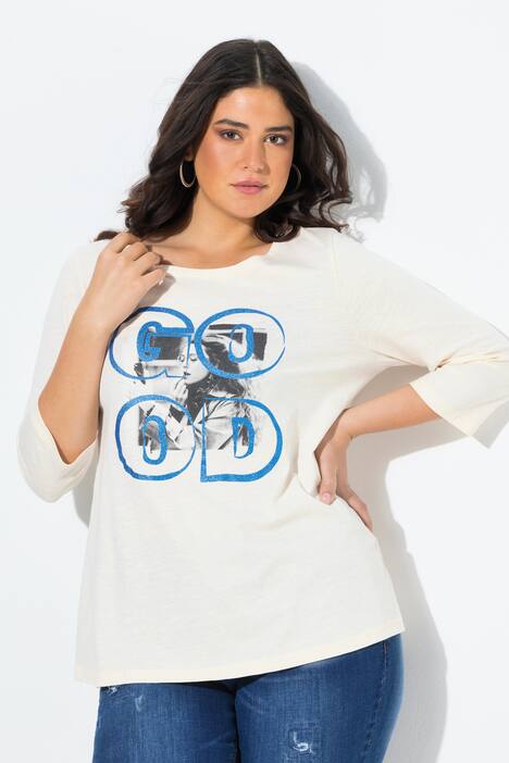 T-shirt avec imprimé photo, décolleté rond et manches 3/4, Coupe Classic Fit