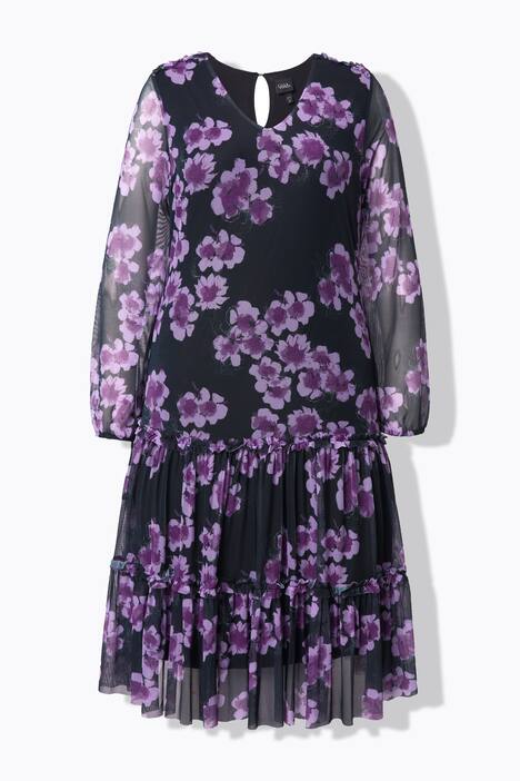 Robe midi doublée, imprimé fleurs, col en V et manches longues