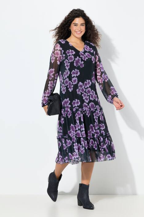Robe midi doublée, imprimé fleurs, col en V et manches longues