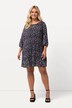 Robe courte plissée, fleurs, col rond, manches 3/4