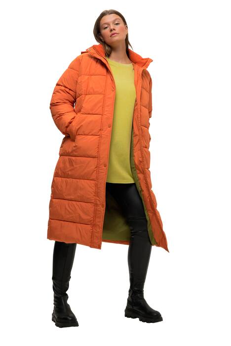 Prošívaný kabát, rovný střih, kapuce, dvoucestný zip, dlouhé rukávy