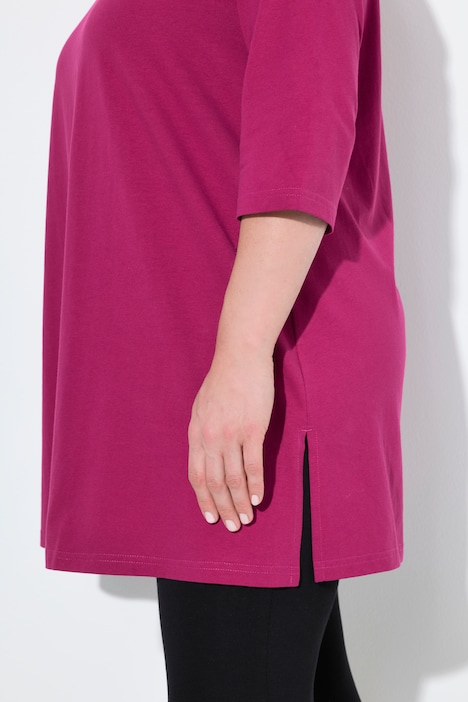T-shirt long, silhouette en A, col V, manches 3/4