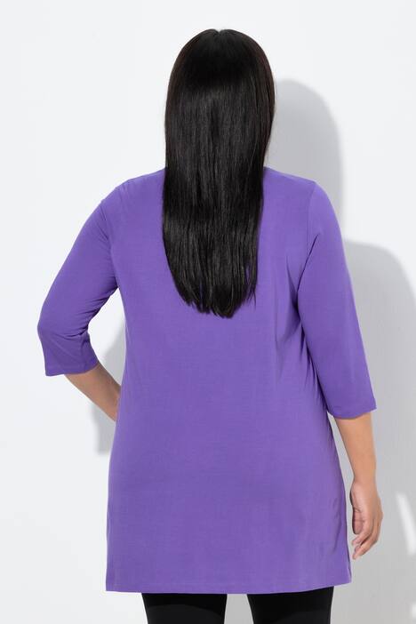 T-shirt long, coupe évasée, décolleté en V et manches 3/4