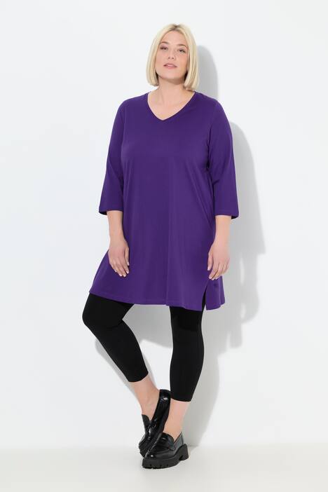 T-shirt long, coupe évasée, décolleté en V et manches 3/4