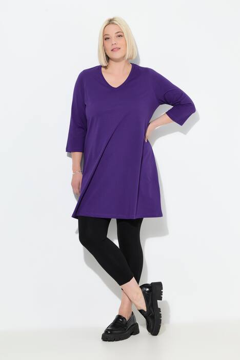 T-shirt long, coupe évasée, décolleté en V et manches 3/4