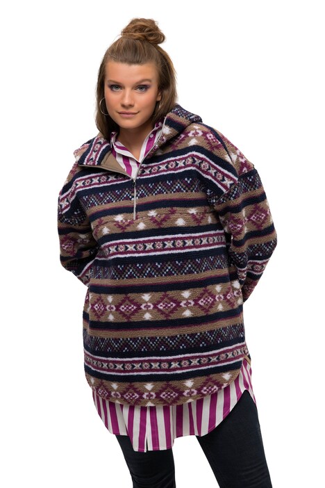 Mikina s kapucí, teddy flís, oversize, etno vzor, kapuce, dlouhé rukávy