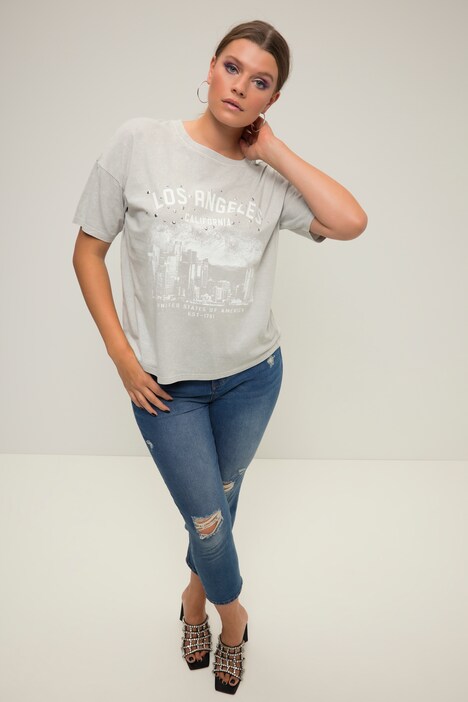 T-shirt oversize à col rond et manches courtes, imprimé avec petits strass