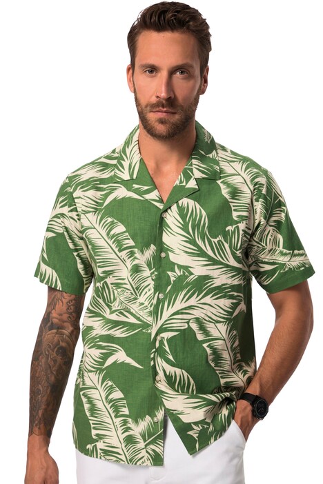 Košile lněného vzhled, krátké rukávy, květovaný potisk, Cuba límeček, Cuba střih, do 8XL