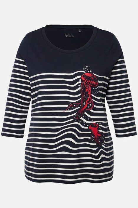 T-shirt rayé, motif méduse. Décolleté bateau et manches 3/4.