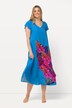 Robe midi, motif lupins, coupe évasée, col V, manches courtes