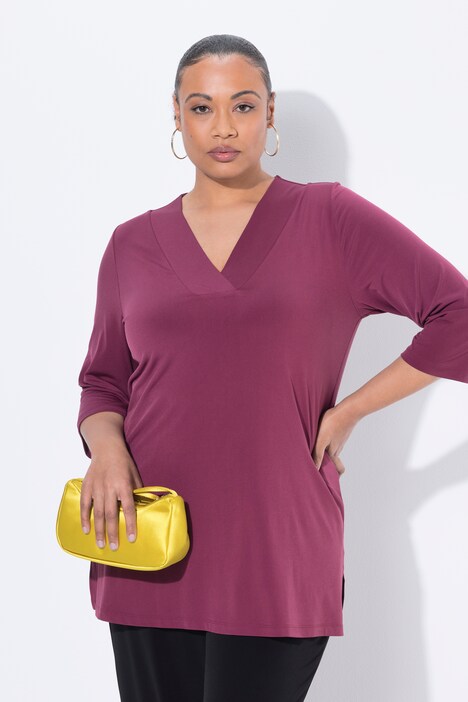 Matte Jersey V-Neck Swing Vented Three Quarter Sleeve Tunic
