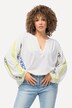 Bluse, linmiks, oversized, tunikahals, lange ermer