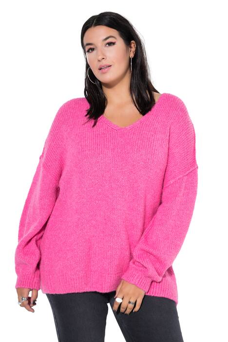 Oversize svetr, výstřih do V, široké dlouhé rukávy