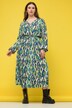 Robe maxi à coupe trapèze, imprimé losanges. Décolleté V et style cache cœur