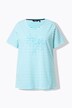T-shirt à col rond et manches courtes. Broderie palmiers et rayures.