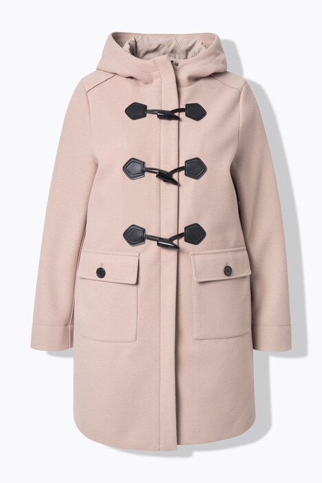 Duffle-coat, coupe évasée. Col montant et capuche. Boutons Brandebourg.