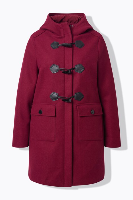 Duffle-coat, coupe évasée. Col montant et capuche. Boutons Brandebourg.