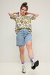Jeansshorts, vide ben, høyt liv, pyntesteiner, destroy-effekter, 5-lommers, elastisk linning