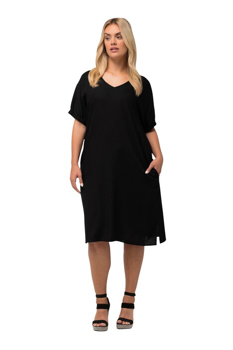 Šaty, lněná směs, oversize, výstřih do V, krátké rukávy