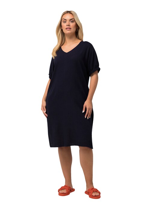 Šaty, lněná směs, oversize, výstřih do V, krátké rukávy
