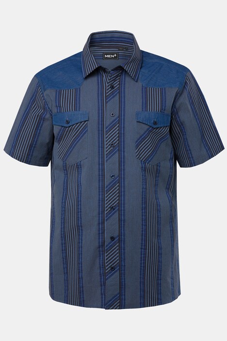 Chemise Men+ coupe ventre confort à manches courtes et col kent. Tissu seersucker à rayures, avec coupe Comfort Fit. Jusqu'au 8 XL