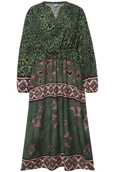 Patterned Long-Sleeve V-Neck Midi Dress