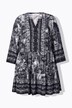 Buttoned 3/4-Sleeve Floral Pattern Stand-Up Collar Tunic