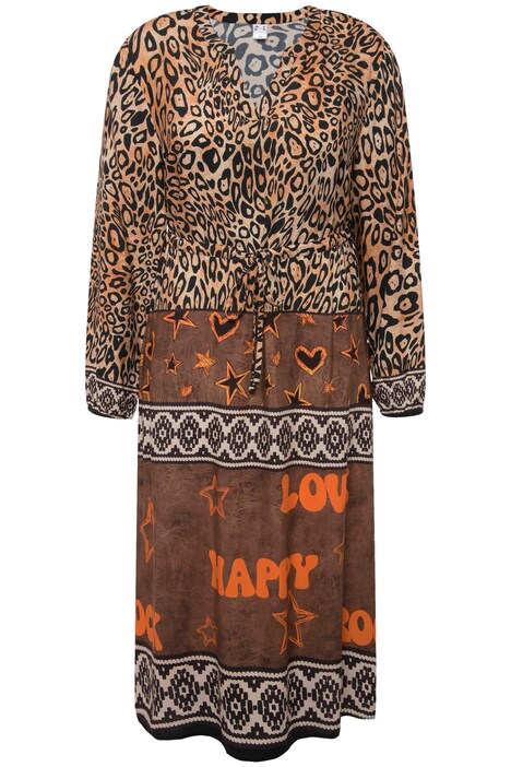 Patterned Long-Sleeve V-Neck Midi Dress