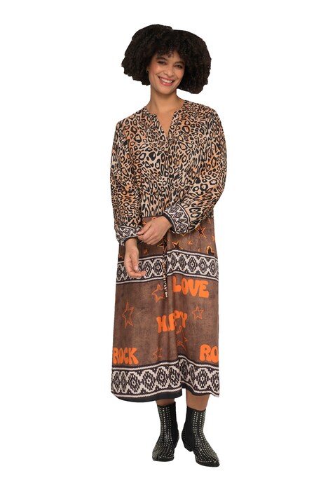 Patterned Long-Sleeve V-Neck Midi Dress