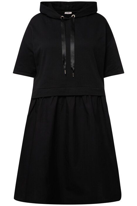 Oversized Hooded Half-Sleeve Material Mix Dress