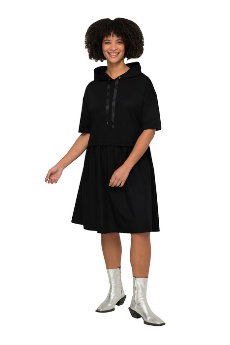 Oversized Hooded Half-Sleeve Material Mix Dress