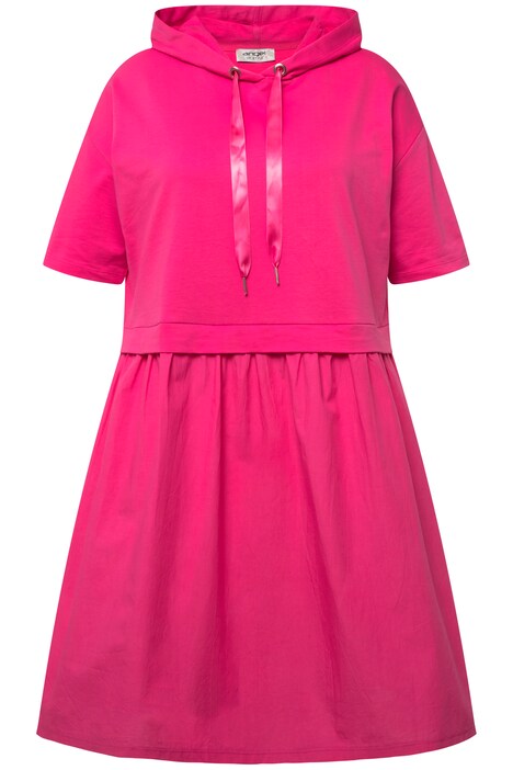 Oversized Hooded Half-Sleeve Material Mix Dress