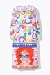 Vestido, longitud midi, estampado parcheado, escote de túnica, manga larga