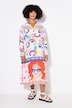Vestido, longitud midi, estampado parcheado, escote de túnica, manga larga