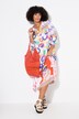 Vestido, longitud midi, estampado parcheado, escote de túnica, manga larga