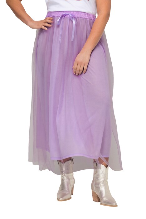 A-Line Elastic Waist Mesh Midi Skirt with Satin Ribbon