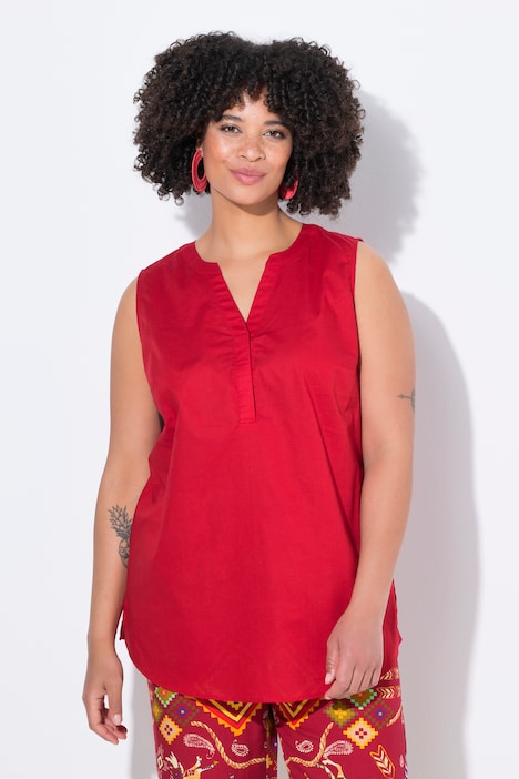 Blouse sans manches, col tunisien et base arrondie