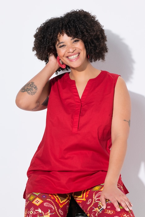 Blouse sans manches, col tunisien et base arrondie
