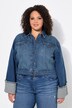 Veste en jean, franges et col chemise, large revers aux extrémités des manches
